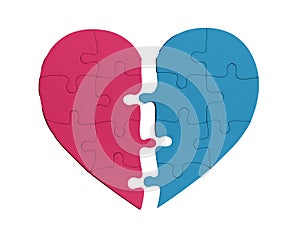 Broken split heart puzzle. Divorce, breakup, end of romance concept. Two pink and blue pieces