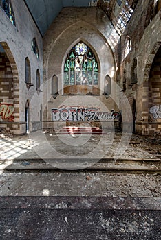 Broken Stained Glass Windows at the Altar - Abandoned Church - New York