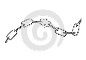 Broken steel chain links. Symbol of security and destruction. Freedom, disruption strong metal shackles concept. Vector