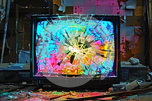 A broken television with colorful pixelated patterns sits on a table, A broken TV screen with colorful pixelated patterns