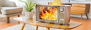 A broken television set engulfed in flames, creating a fiery inferno in a residential home photo