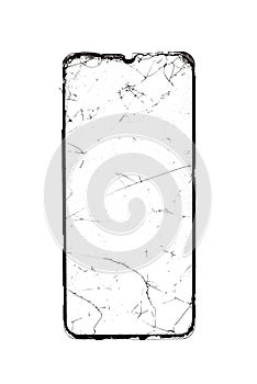 Broken tempered glass screen protector removed from smartphone, isolated on white