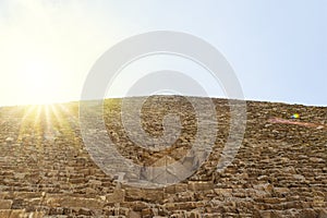 broken top of pyramid of Cheops, Khufu, against the sky. Cheops Pyramid in Giza, Egypt