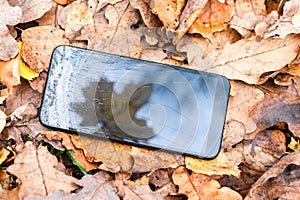 Broken touch phone on a background of autumn leaves .silhouette maple leaf, autumn concept