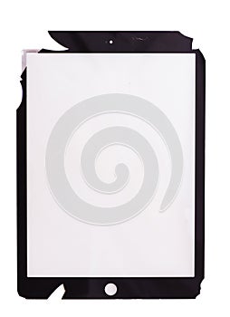 Broken touchscreen of the black tablet isolated on white background