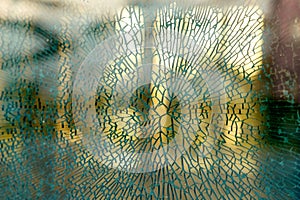 Broken Toughened Glass in office Building. Texture. photo