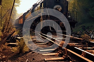 broken train rails near derailed locomotive