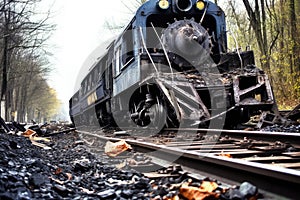broken train rails near derailed locomotive photo