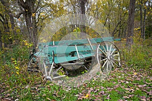 Broken turquoise wagon in the forest