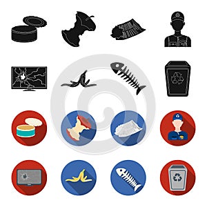 Broken TV monitor, banana peel, fish skeleton, garbage bin. Garbage and trash set collection icons in black,flet style