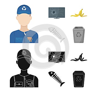 Broken TV monitor, banana peel, fish skeleton, garbage bin. Garbage and trash set collection icons in cartoon,black