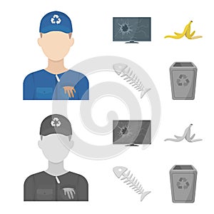 Broken TV monitor, banana peel, fish skeleton, garbage bin. Garbage and trash set collection icons in cartoon,monochrome