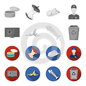 Broken TV monitor, banana peel, fish skeleton, garbage bin. Garbage and trash set collection icons in monochrome,flat