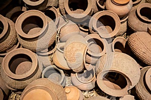 Broken and used traditional asian clay pots