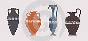 Broken vase silhouettes set. Different cracked ancient greek amphoras with meander pattern. Various forms and shapes of