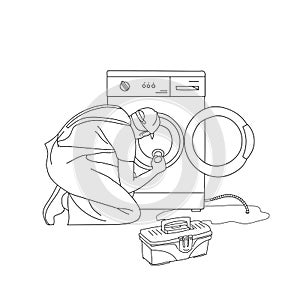 Broken washing machine. Service help. Problem with damaged home appliance vector Illustration on a white background.