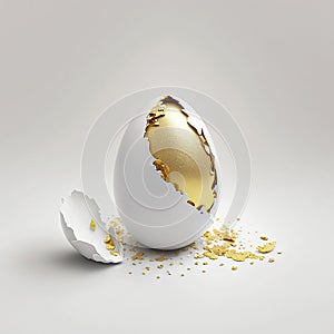 Broken white Easter egg with golden part inside. Generative AI