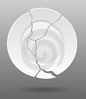 Broken white plate. Shattered food plate, cracked porcelain dish. Dishware with damage. Icon isolated on white