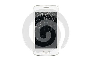 Broken white smartphone on an isolated background