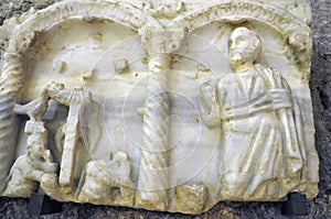 Broken white stone carving, Abbaye St-Victor, Marseille, Bouches-du-Rhone, Provence-Alpes-Cote d`Azur