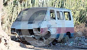 Broken white van in the parking lot