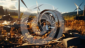 A broken wind turbine that has fallen