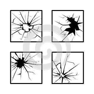 Broken Window Different Cracks Set. Vector