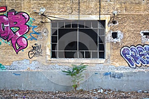 Broken window in an old brick wall.