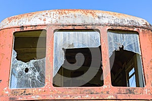 Broken window of a train