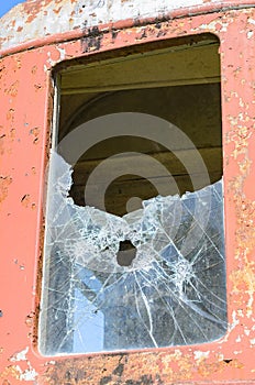 Broken window of a train