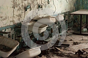 Broken window and trash with plants on background in ruined school in Pripyt