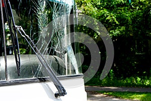 Broken windshield of a bus