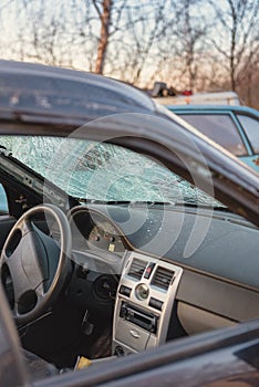 Broken windshield. Car after an accident with a broken windshield.