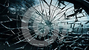 Broken windshield of a car. A web of radial splits, cracks on the triplex windshield. Broken car windshield. Generative AI