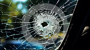 Broken windshield of a car. A web of radial splits, cracks on the triplex windshield. Broken car windshield. Generative AI