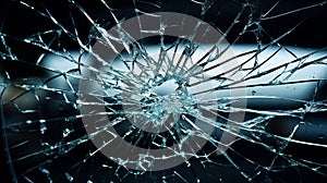 Broken windshield of a car. A web of radial splits, cracks on the triplex windshield. Broken car windshield. Generative AI