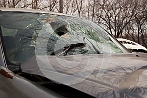 Broken windshield and crumpled hood of the car involved in an accident