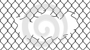 Broken wire mesh fence. Rabitz or chain link fence with cut hole. Torn wire pirson mesh texture. Cut metal lattice grid