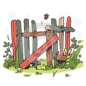 Broken wooden fence surrounded greenery, displaying red plank leaning against intact green fence photo