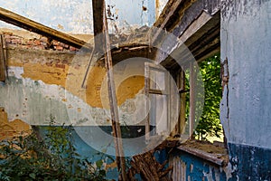 broken wooden window and room with tall grass, view inside of an abandoned half-destroyed dormitory at summer daylight