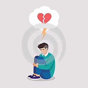 Brokenhearted boy suffers by symptoms of depressive disorder. Vector illustration about mental problems in flat style. photo