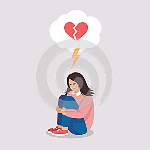 Brokenhearted girl suffers by symptoms of depressive disorder. Vector illustration about mental problems in flat style. photo