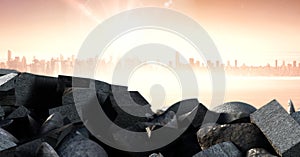 Brokenstone bricks pile in cityscape