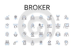 Broker line icons collection. Agent, Dealer, Representative, Intermediary, Negotiator, Facilitator, Liaison vector and