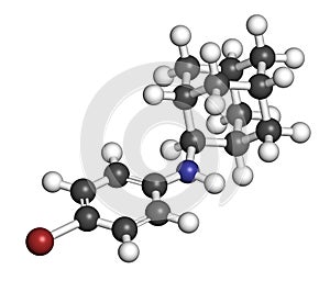 Bromantane asthenia drug molecule. Also used in sports doping. 3D rendering. Atoms are represented as spheres with conventional