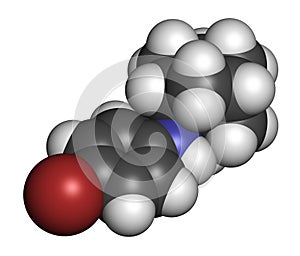 Bromantane asthenia drug molecule. Also used in sports doping. 3D rendering. Atoms are represented as spheres with conventional