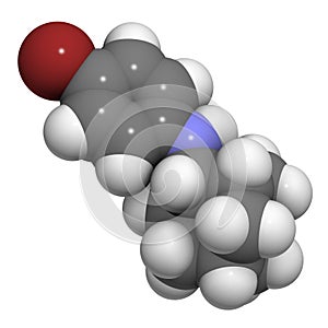 Bromantane asthenia drug molecule. Also used in sports doping. 3D rendering. Atoms are represented as spheres with conventional.