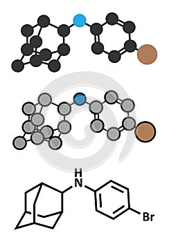 Bromantane asthenia drug molecule. Stylized 2D renderings and conventional skeletal formula. Also used in sports doping.