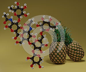 Bromelain molecule and pineapple fruit in the yellow background