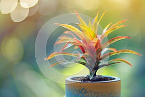 Bromeliad (Bromeliaceae genera) in Flowerpot Closeup, Bromeliad Macro House Plant in Flowerpot